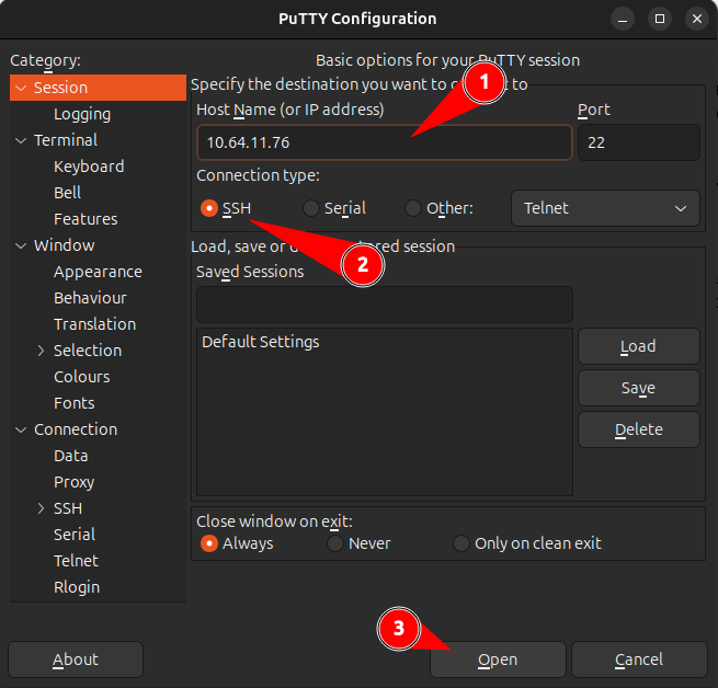 Подключение по SSH в PuTTY