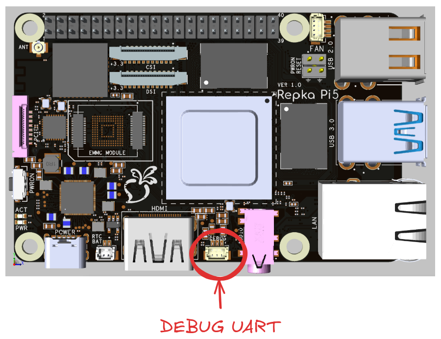 Вид сверху - DEBUG UART