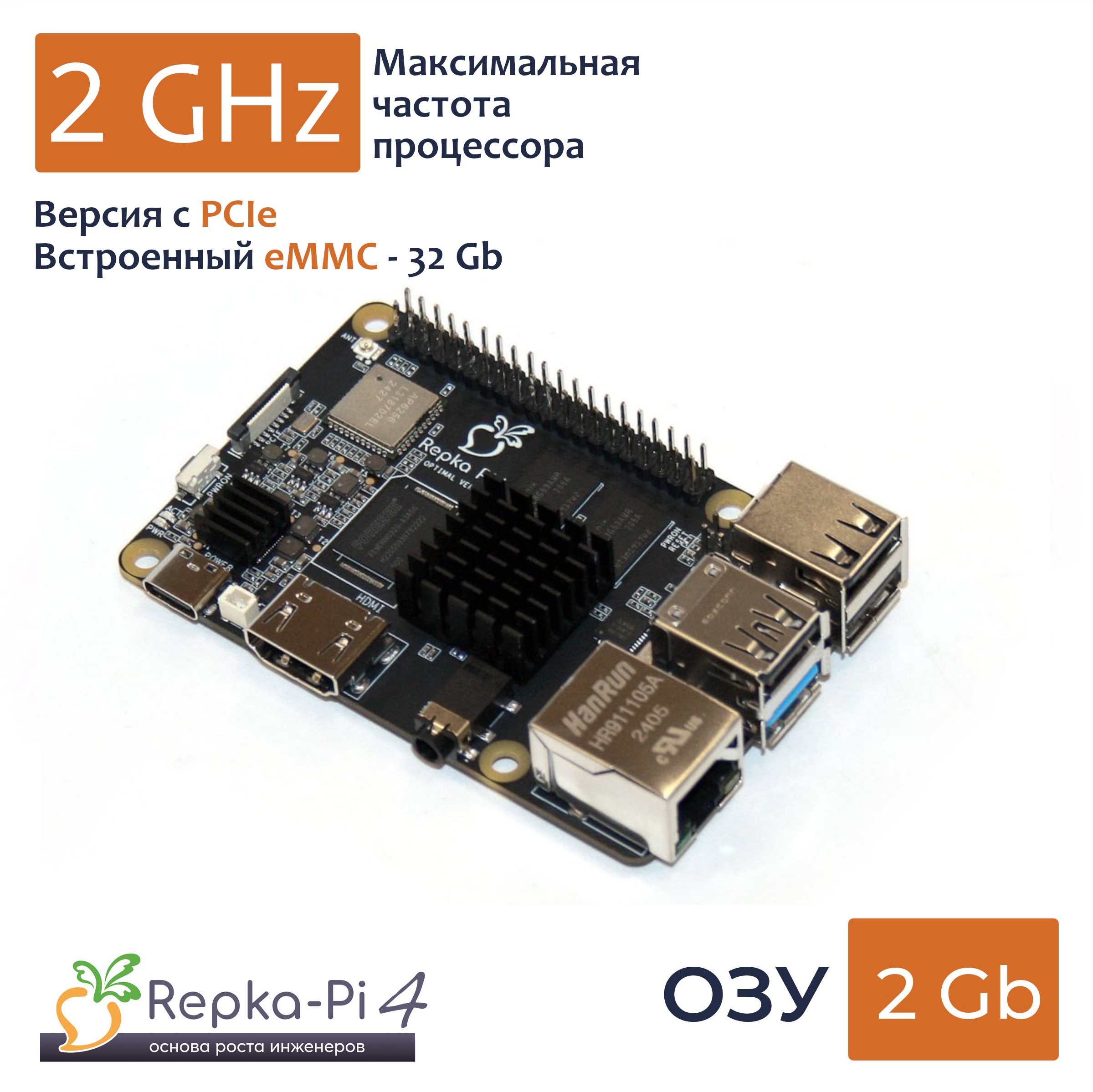 Repka Pi 4 Optimal PCIe, eMMC 32 Gb 2.0 Ghz. 2 Gb ОЗУ