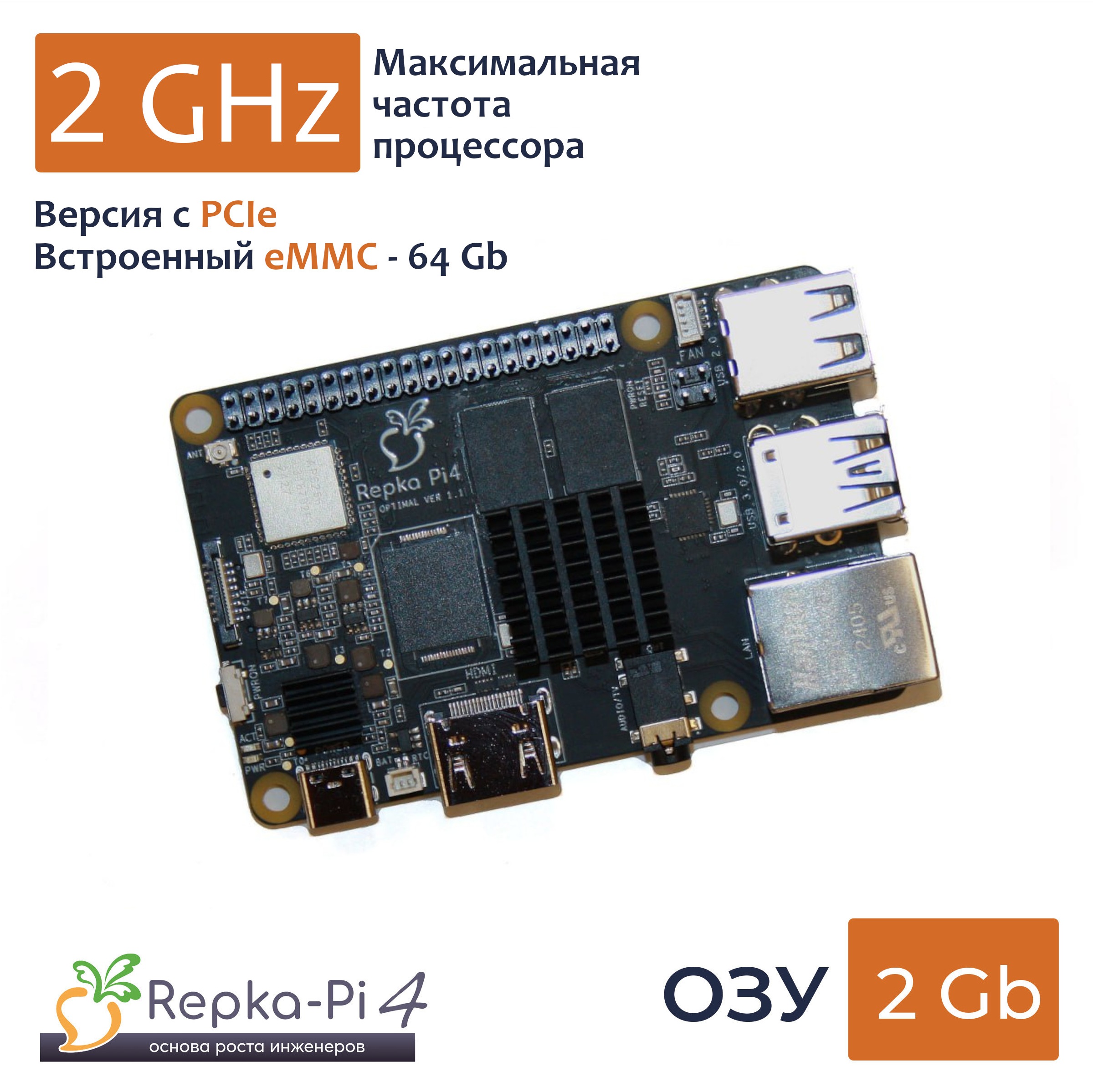 Repka Pi 4 Optimal PCIe, eMMC 64 Gb 2.0 Ghz. 2 Gb ОЗУ