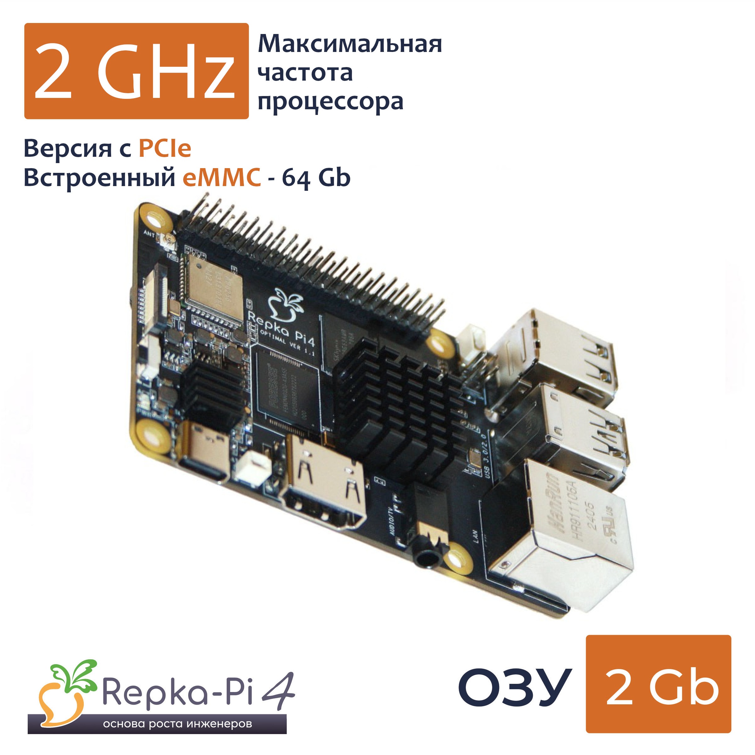 Repka Pi 4 Optimal PCIe, eMMC 64 Gb 2.0 Ghz. 2 Gb ОЗУ