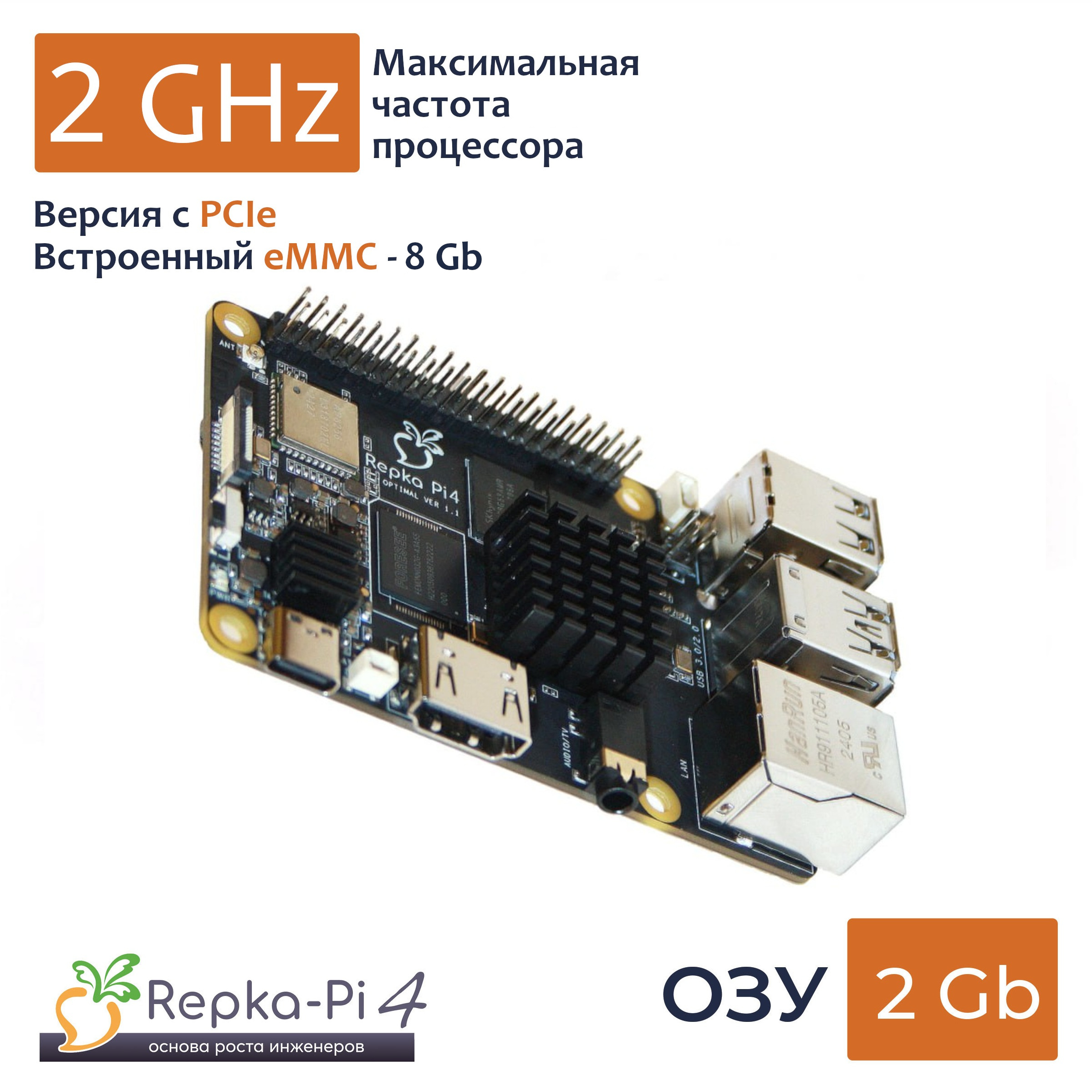 Repka Pi 4 Optimal PCIe, eMMC 8 Gb 2.0 Ghz. 2 Gb ОЗУ