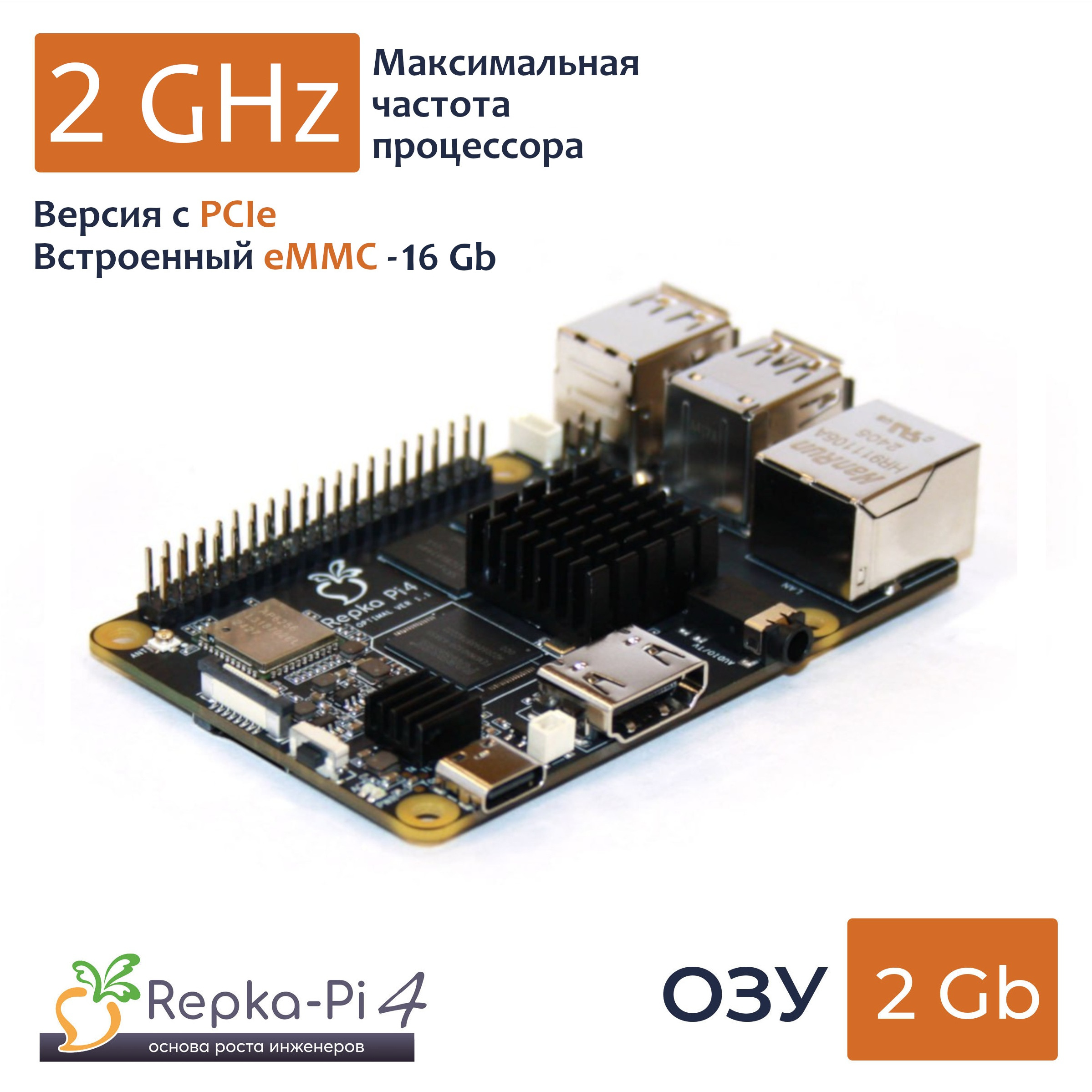 Repka Pi 4 Optimal PCIe, eMMC 16 Gb 2.0 Ghz. 2 Gb ОЗУ