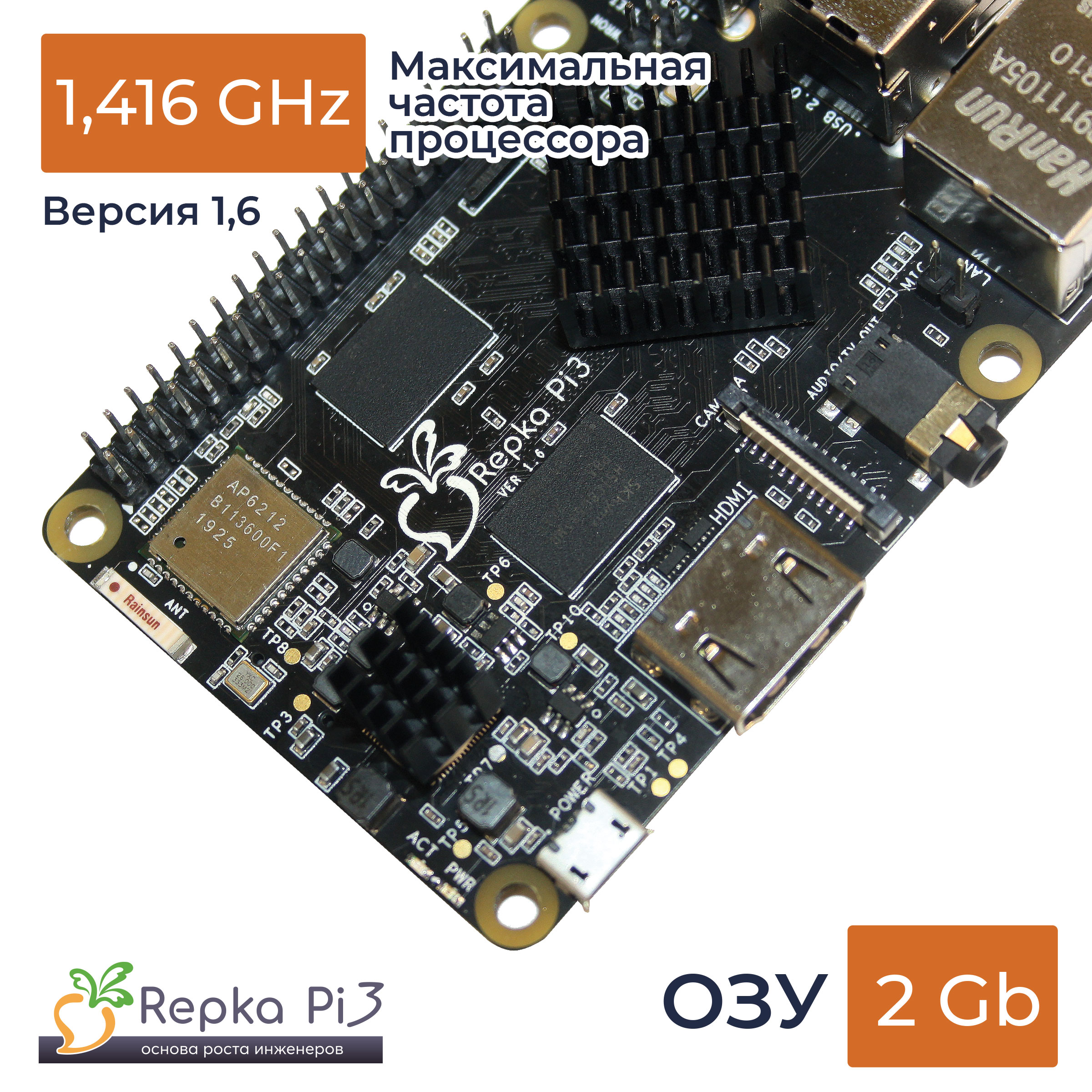 Repka Pi 3, 1.416 Ghz. 2 Gb ОЗУ (v1.6)