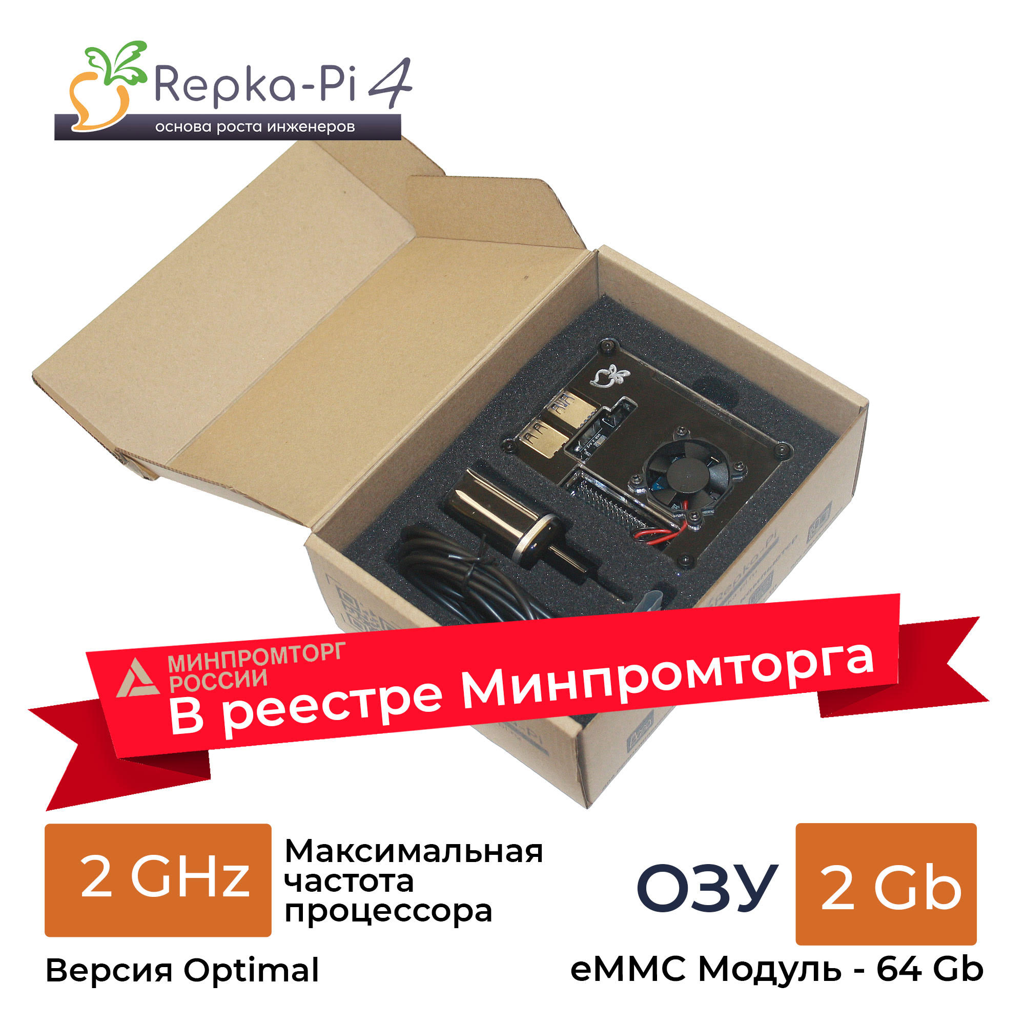 В реестре Минпромторга. Repka Pi 4 Optimal 2.0 Ghz. 2 Gb ОЗУ в корпусе с модулем eMMC 64 Gb. (v1.1)